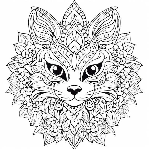 un coloriage avec un visage de chat entouré de fleurs ai générative