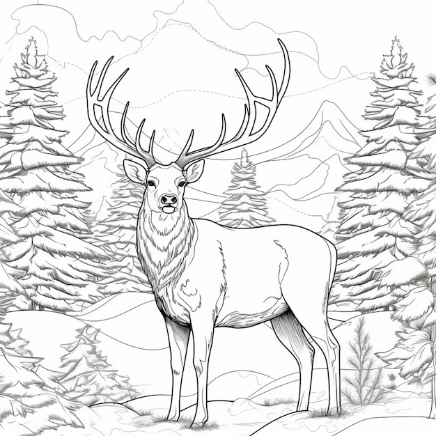 coloriages de cerfs dans les bois avec des arbres et de la neige IA générative