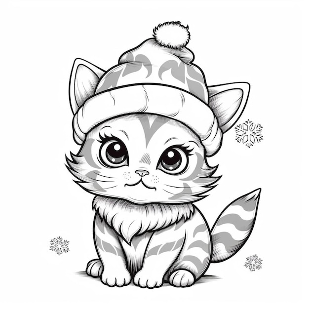 coloriages de chats avec des chapeaux et des flocons de neige ai générative