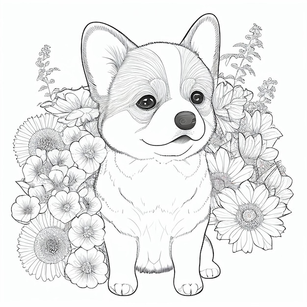 coloriages de chiens avec des fleurs et des plantes ai générative