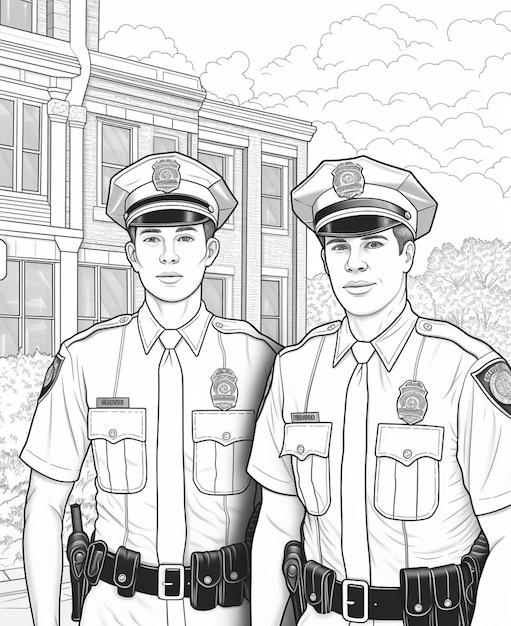 coloriages de deux policiers debout devant un bâtiment IA générative