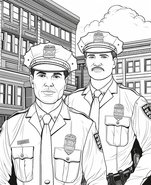 coloriages de deux policiers debout devant un bâtiment IA générative