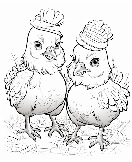 Coloriages de deux poulets avec des chapeaux sur la tête ai générative