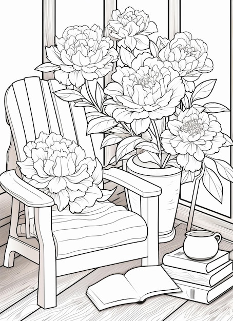 coloriages de fleurs sur une chaise et un livre ai génératif