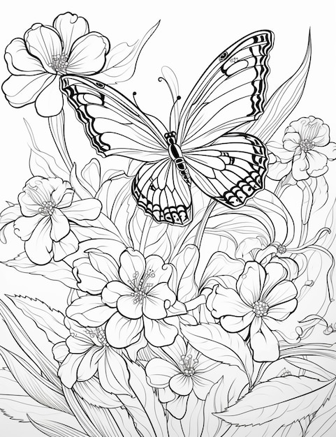 Coloriages de fleurs et papillons générative ai