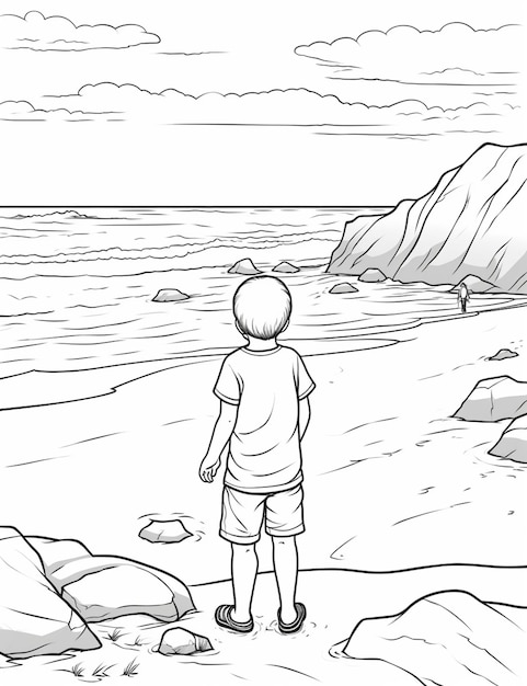 coloriages d'un garçon debout sur la plage regardant l'océan IA générative