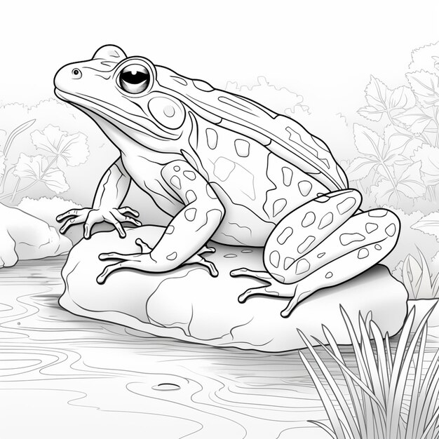 coloriages d'une grenouille assise sur un rocher dans un étang ai générative