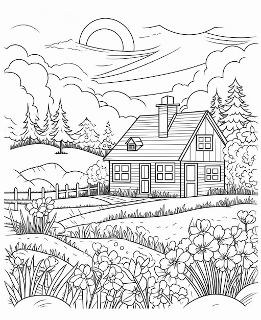 Photo coloriages une maison à la campagne avec des fleurs et des arbres ai génératif