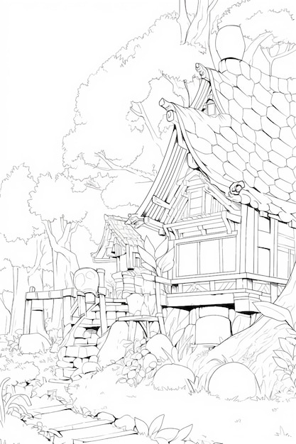 coloriages d'une maison japonaise avec un arbre et un banc ai générative