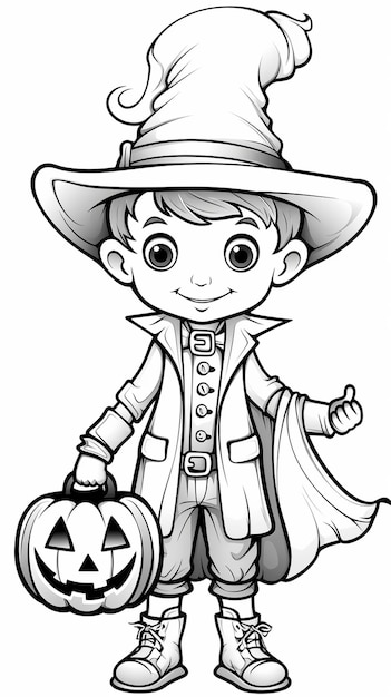 Coloriages en noir et blanc pour les enfants d'un enfant habillé pour la nuit d'Halloween