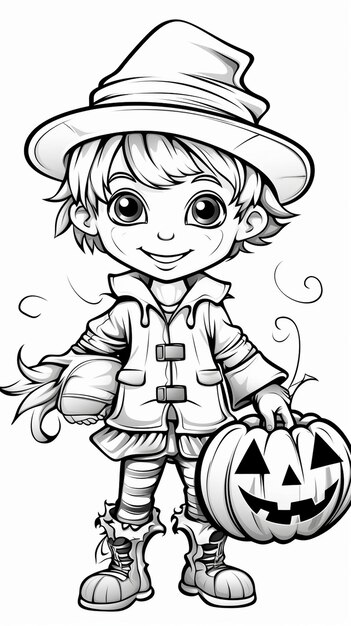 Coloriages en noir et blanc pour les enfants d'un enfant habillé pour la nuit d'Halloween