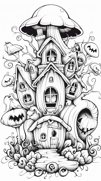 Coloriages en noir et blanc pour les enfants d'une maison hantée décorée pour Halloween