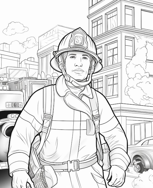 coloriages pompier en uniforme marchant dans la rue IA générative