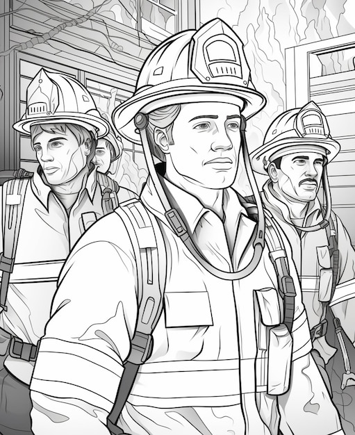 coloriages de pompiers en uniforme debout dans une ligne IA générative