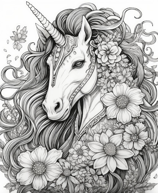 Coloriages pour adultes fleur licorne fantasy Generative AI