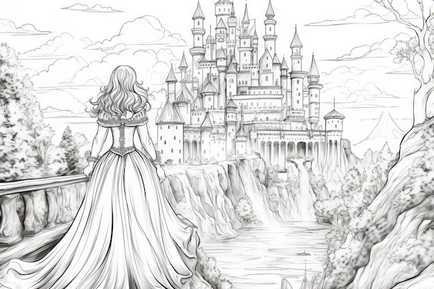 Coloriages pour adultes princesse aller au château niveaux de gris