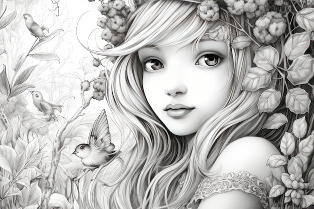 Coloriages pour adultes princesse dans le jardin niveaux de gris