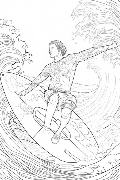 Photo coloriages de surfeurs surfant des pages à colorier pour adultes ai générative