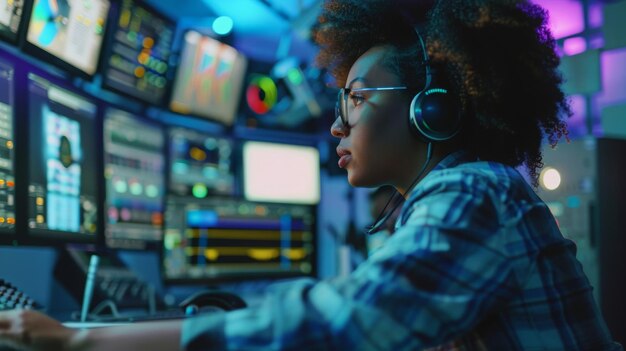 Le coloriste afro-américain effectue la gradation des couleurs sur une machine de contrôle dans un studio moderne avec de grands écrans.