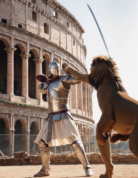 Colosseum chevalier blanc équipé avec une épée en action swinging pose combattant contre le lion