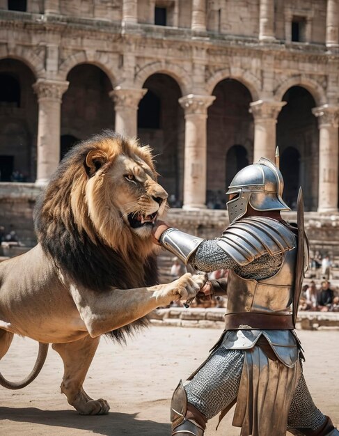 Colosseum chevalier blanc équipé avec une épée en action swinging pose combattant contre le lion