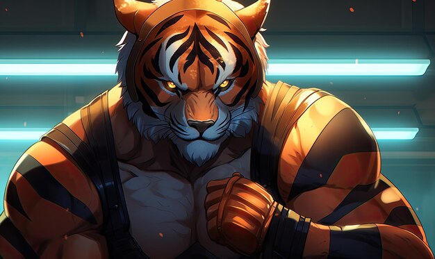 Photo le combattant tigre masculin dans le portrait de l'anime incarne la puissance et la bravoure prêts à tout défi