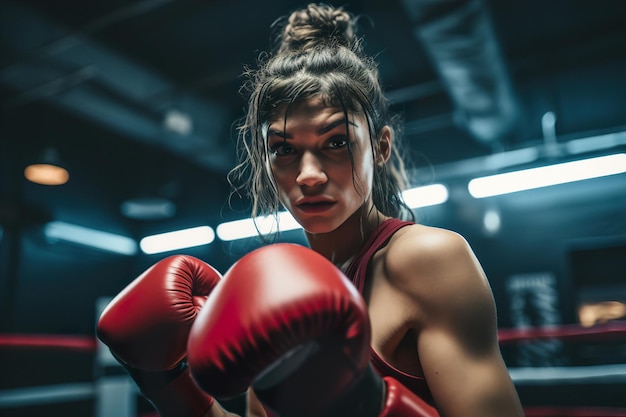 Une combattante attrayante et athlétique s'entraîne dans la salle de boxe