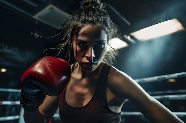 Photo une combattante attrayante et athlétique s'entraîne dans la salle de boxe