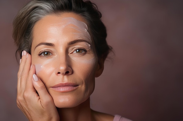 Photo combattre le vieillissement de la peau femme heureuse d'années applique de la crème sur son visage de près soin de la peau beauté