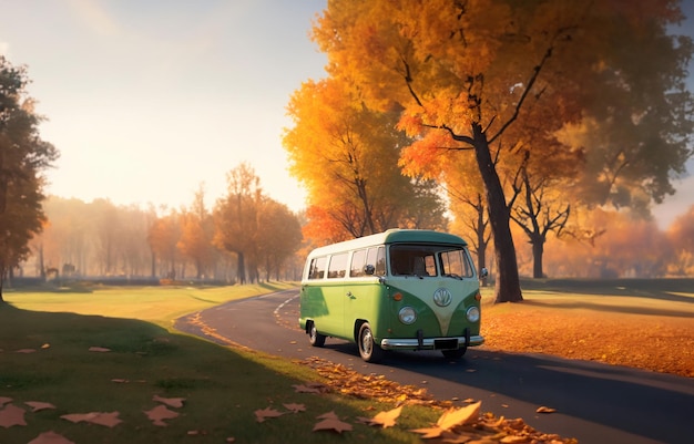 Photo combi vert sur la route en automne