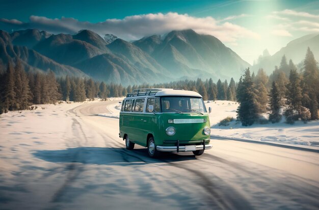 Combi vert sur la route en hiver