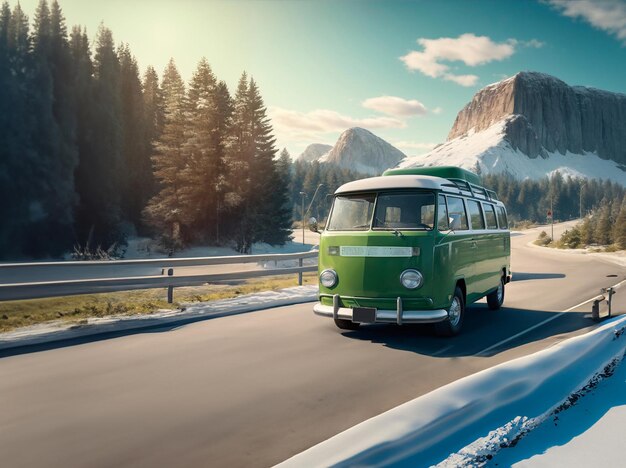 Combi vert sur la route en hiver