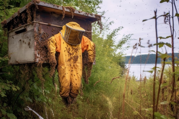 Photo combinaison apicole de protection suspendue près d'une ruche sauvage créée avec une ia générative
