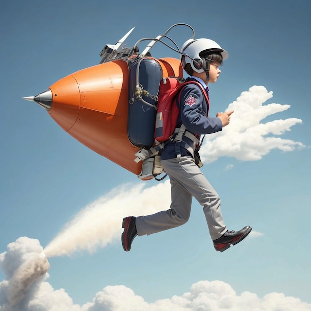 une combinaison d'école vole sur un jetpack