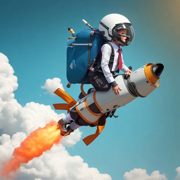 une combinaison d'école vole sur un jetpack