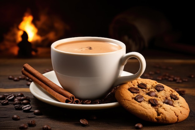 Une combinaison simple mais satisfaisante d'une tasse de café et d'un biscuit posé sur une table Une tasse de café fumante accompagnée d'un biscuit aux pépites de chocolat AI générée