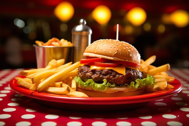 Combo Burger et Frites sur une Assiette Diner Rétro