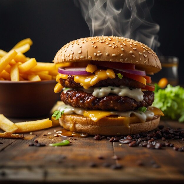 Un combo de frites et de délicieux hamburgers végétariens dans une assiette sur une grande partie en bois épaisse et un fond fumé