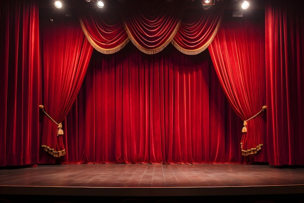 Les comédiens attendent leur tour sur scène avec un micro et des rideaux rouges créant l'atmosphère Concept Standup Comedy Performers Comedy Club Open Mic Night Red Curtains