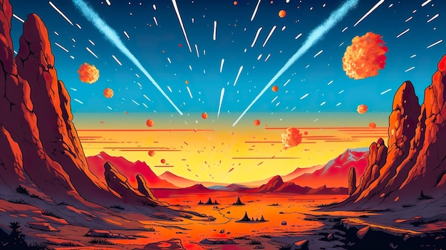 Comètes d'arrière-plan abstraites Une illustration fascinante de comètes traversant l'arrière-plan abstrait dans une bannière captivante au style coloré AI générative