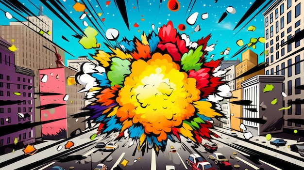 Photo comic streets boom explosion cloud 3d pop art explosion dans une rue de la ville