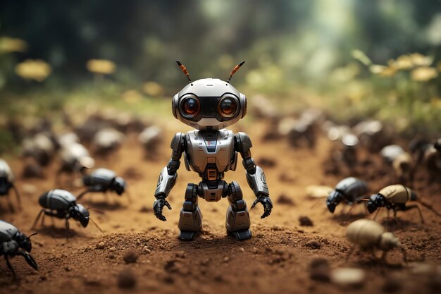 Le commandant de la colonie de fourmis robotique Le chef de la colonie de fourmis Un minuscule robot au milieu de la colony de fourmis animée