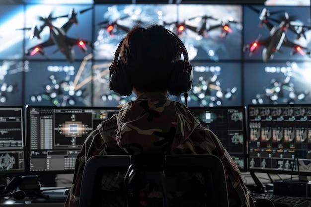 Photo le commandement du soldat opérant sur le panneau de contrôle dans la salle de surveillance de la guerre sur la base de guerre ia générative