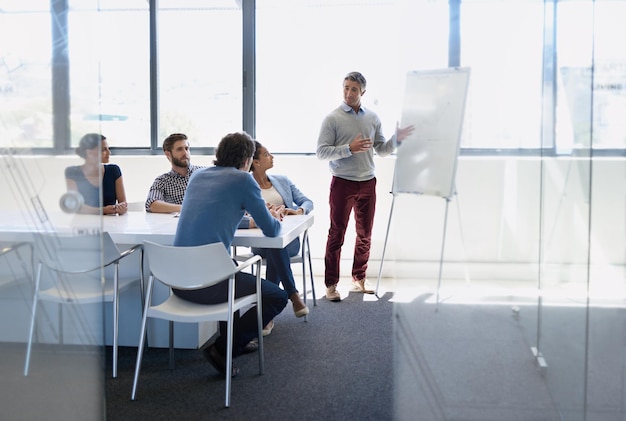 Commencer la journée avec une séance d'élaboration de stratégies Un homme d'affaires faisant une présentation à l'aide d'un tableau blanc lors d'une réunion de conseil