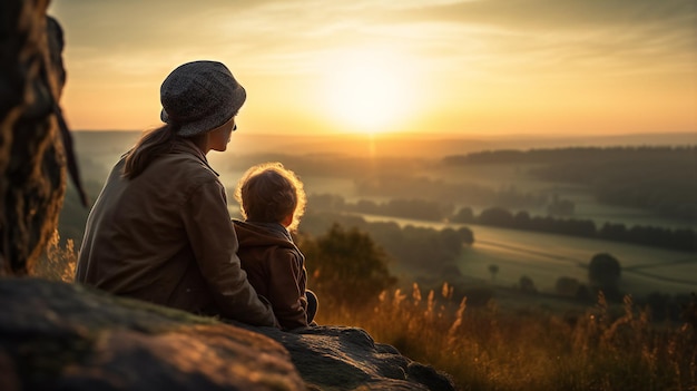 Commencez votre journée avec Merveille partagée Mère et bébé regardant ensemble le lever du soleil