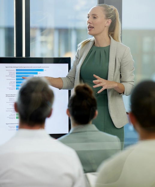 Comment pouvons-nous améliorer nos métriques Plan d'une jeune femme d'affaires faisant une présentation au travail