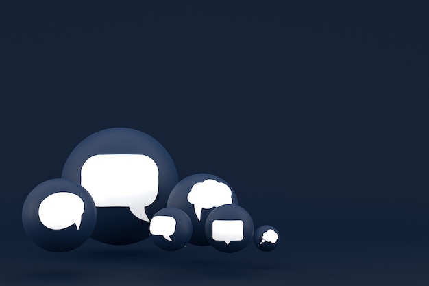 Commentaire d'idée ou pensez aux réactions emoji rendu 3d, symbole de ballon de médias sociaux avec fond de motif d'icônes de commentaire