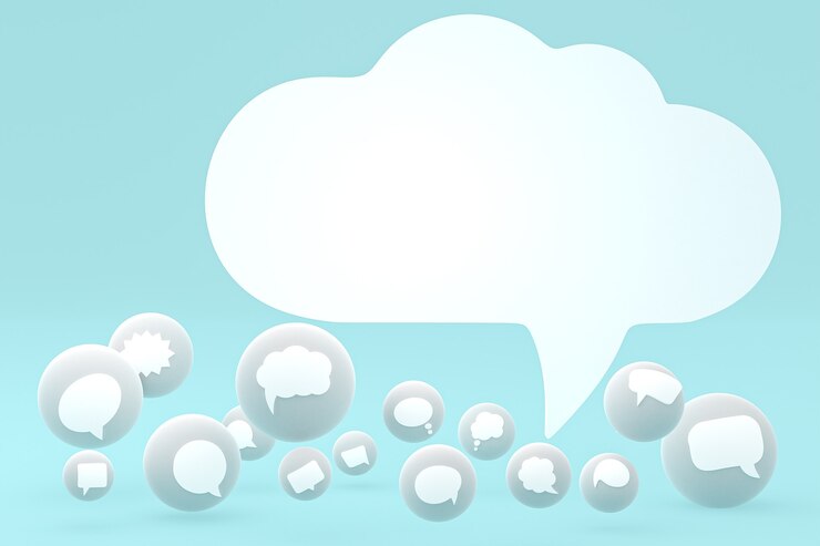 Photo commentaire d'idée ou pensez aux réactions emoji rendu 3d, symbole de ballon de médias sociaux avec fond de motif d'icônes de commentaire