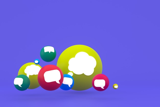 Commentaire d'idée ou pensez aux réactions emoji rendu 3d, symbole de ballon de médias sociaux avec fond de motif d'icônes de commentaire