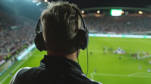 Commentateur de football dans des écouteurs regarde d'en haut à un match de football